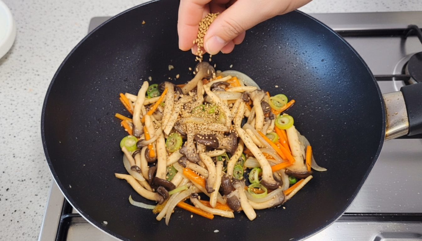 통깨를 뿌려 완성된 굴소스 느타리버섯볶음