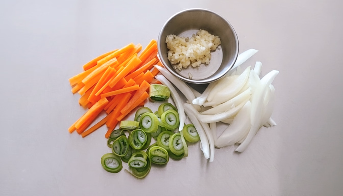 3mm 두께로 채썬 당근과 양파, 송송 썬 대파, 다진 마늘