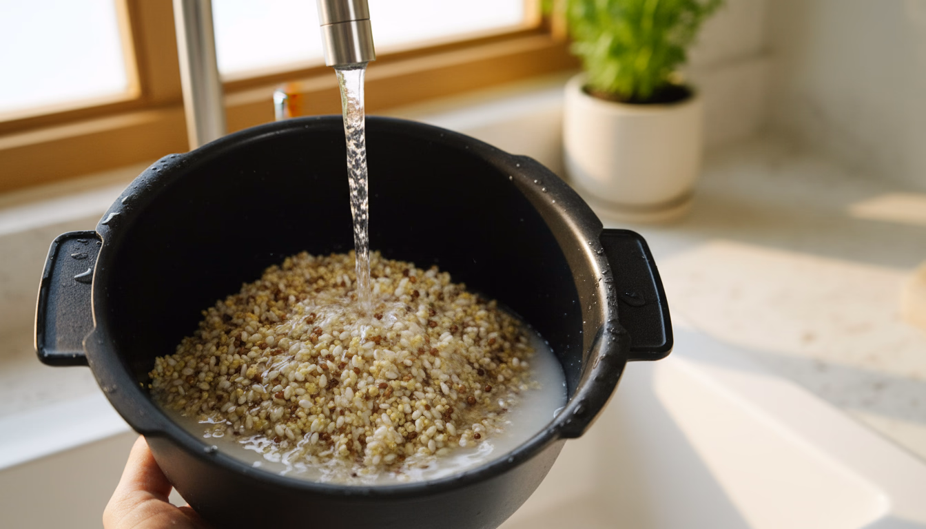 깨끗이 씻은 혼합 곡물