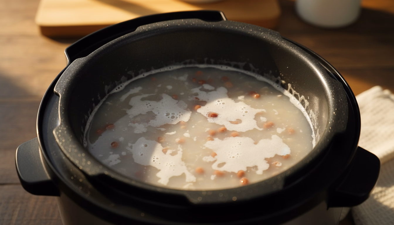 압력밥솥에 담긴 곡물과 팥