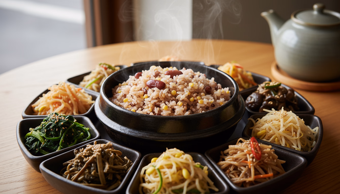 색색의 오곡밥과 9가지 나물이 담긴 전통 한식상