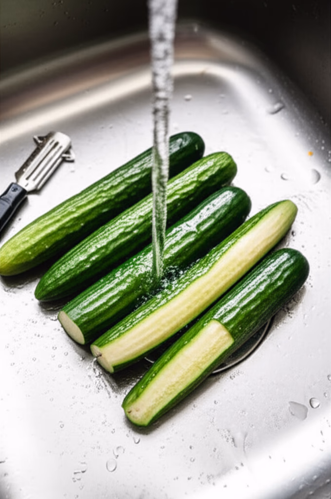 오이를 씻고 손질하는 모습