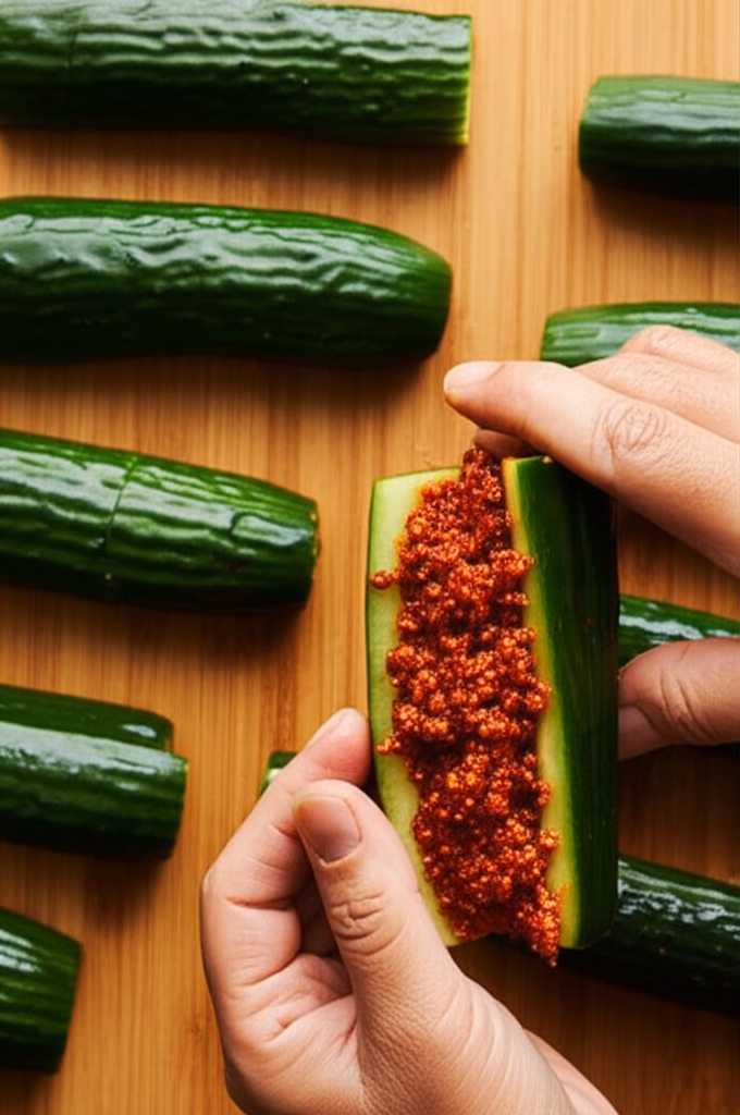 오이에 양념 소 채우기