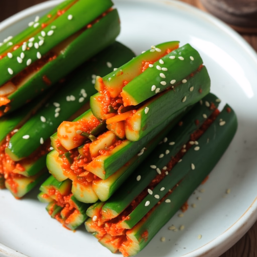 빨간 양념이 버무려진 오이김치