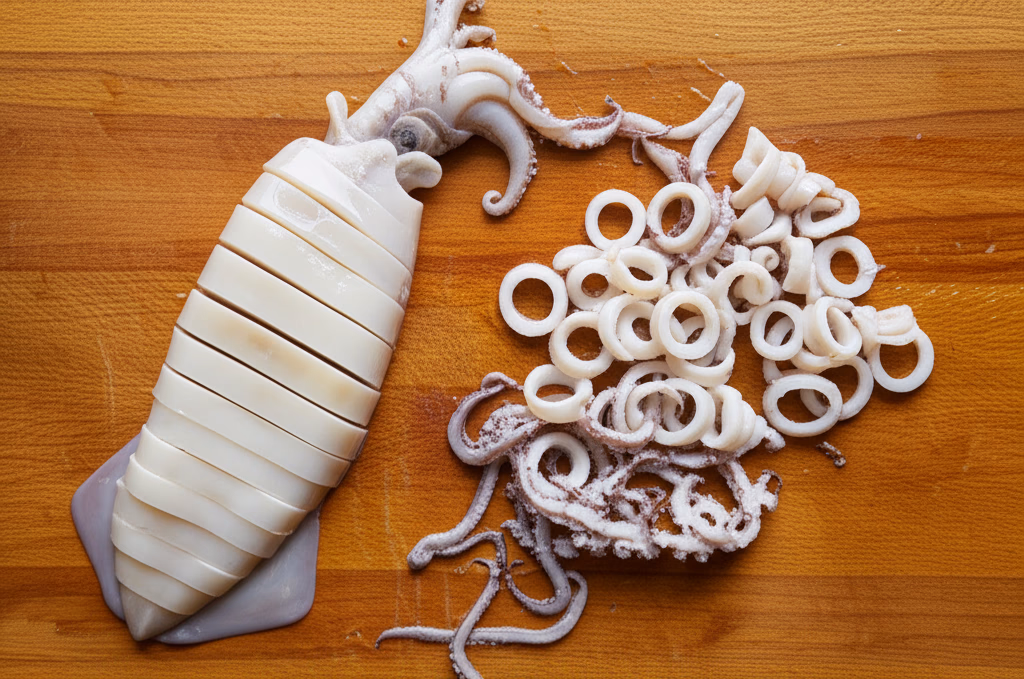 도마 위에 깨끗이 손질된 오징어