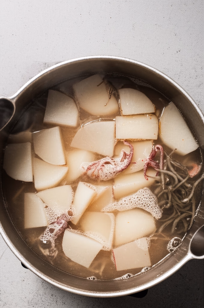 육수에 무를 넣고 끓이는 모습