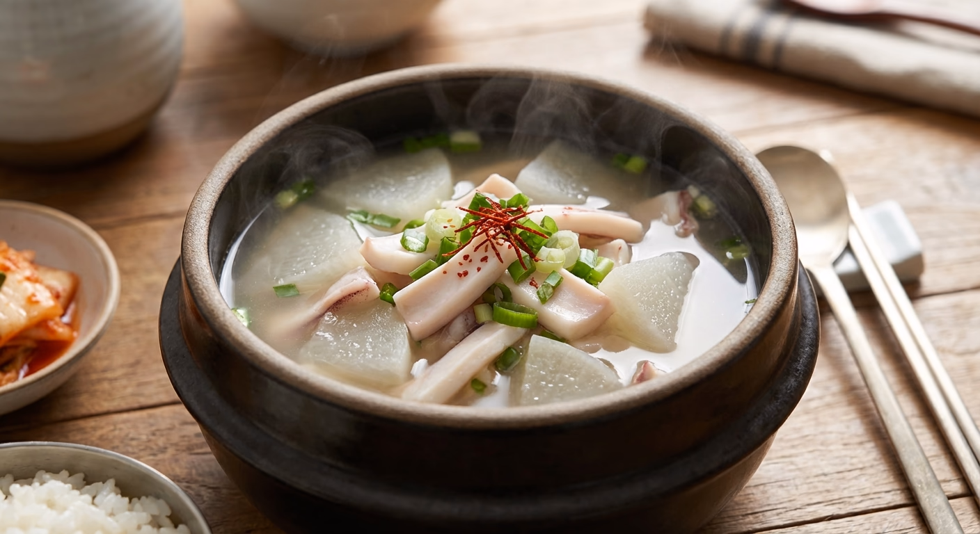 뚝배기에 담긴 오징어무국, 통통한 오징어와 무가 가득