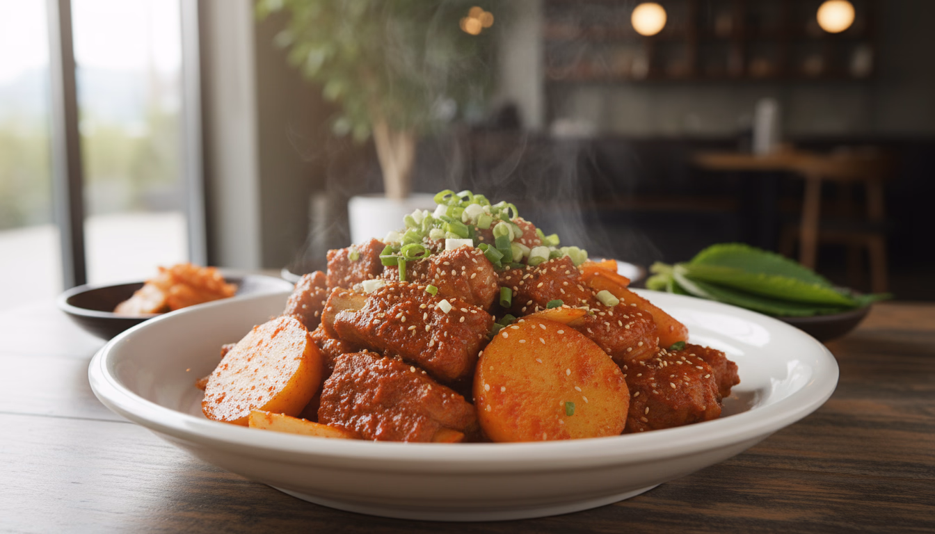 매콤한 빨간 양념에 조린 돼지갈비찜과 감자