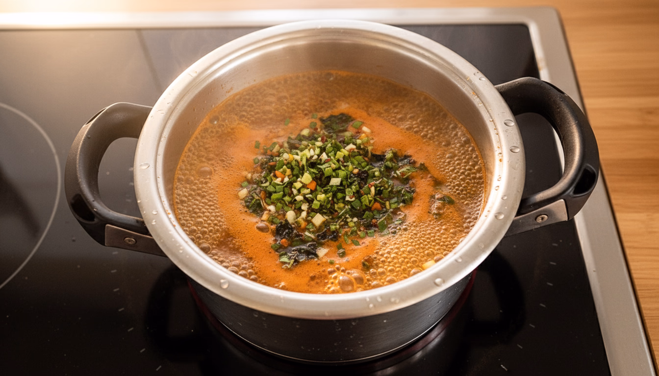 냄비에서 끓고 있는 물에 스프를 넣는 모습