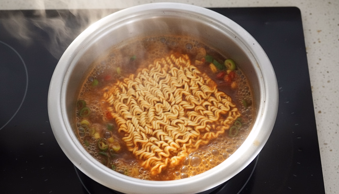 끓는 물에 라면을 넣는 모습