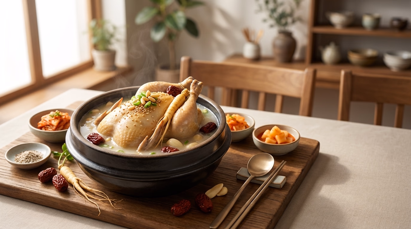 뚝배기에 담긴 뜨끈한 삼계탕과 인삼, 대추