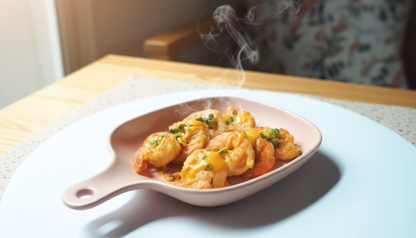 하얀 접시에 담긴 노릇노릇한 새우전