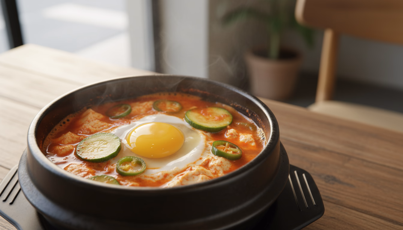 빨간 국물에 부드러운 순두부와 계란이 들어간 뜨거운 순두부찌개