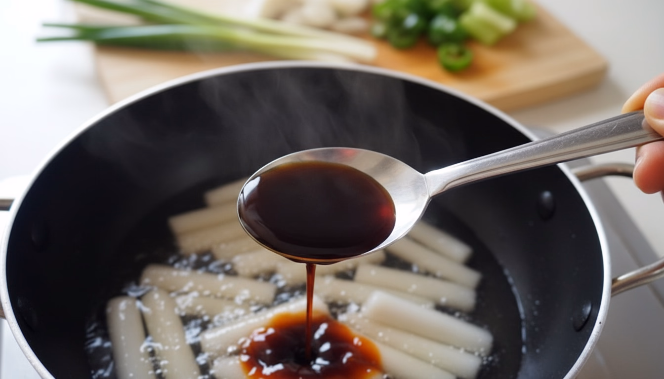 떡에 간장을 넣는 모습