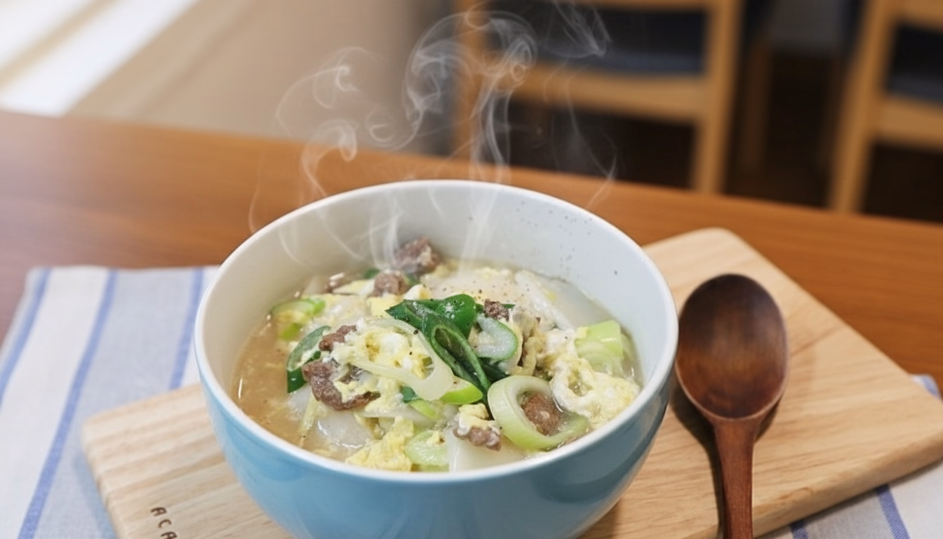 맑은 국물에 하얀 떡과 노란 계란지단이 고명으로 올라간 떡국