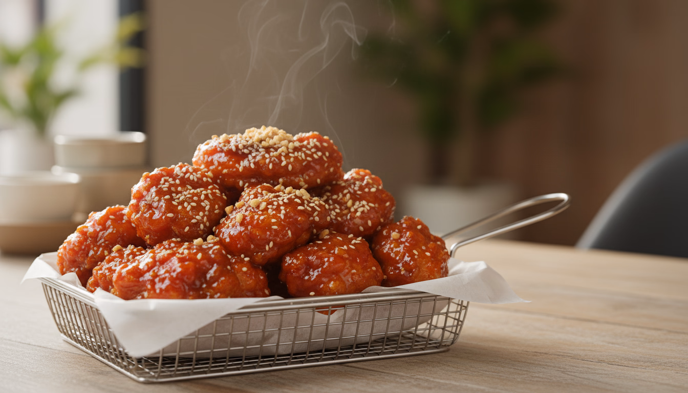 빨간 양념소스가 입혀진 양념통닭